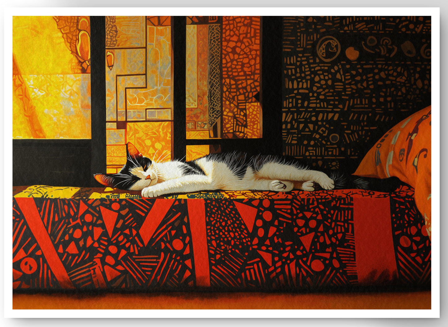 Sleeping White Cat Red Pattern African American canvas print by MoomZee Artwork