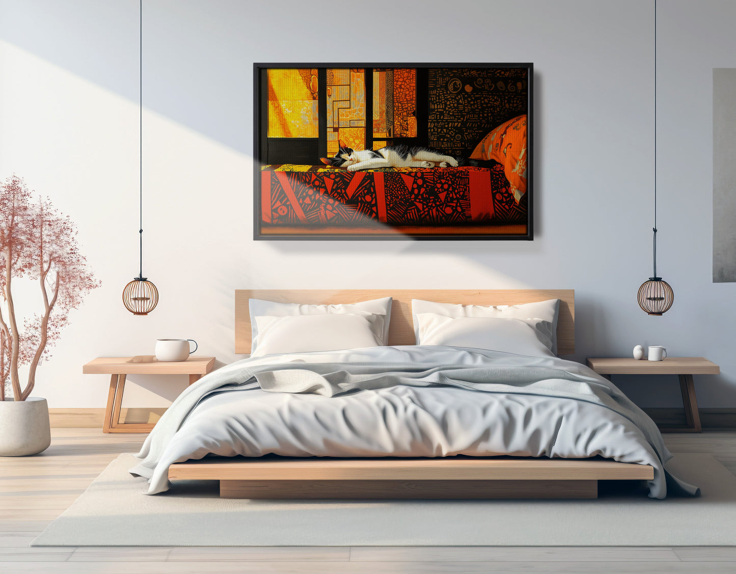 Sleeping White Cat Red Pattern African American canvas print view 27