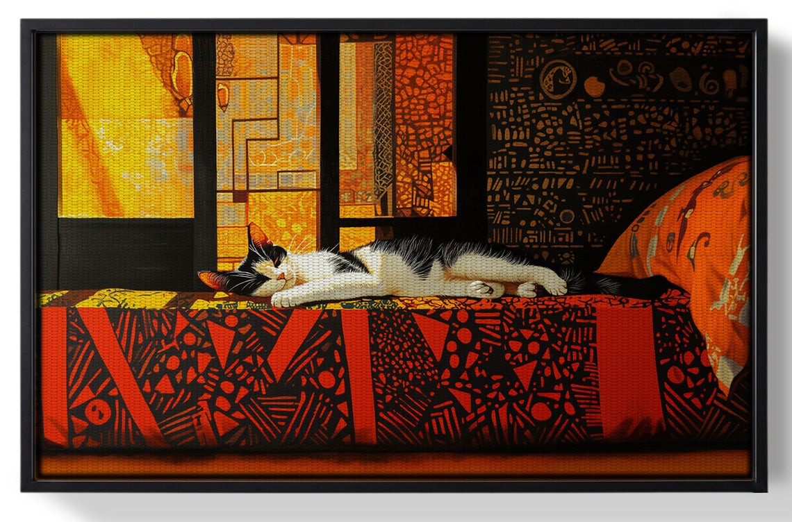 Framed Sleeping White Cat Red Pattern African American canvas print for home decor