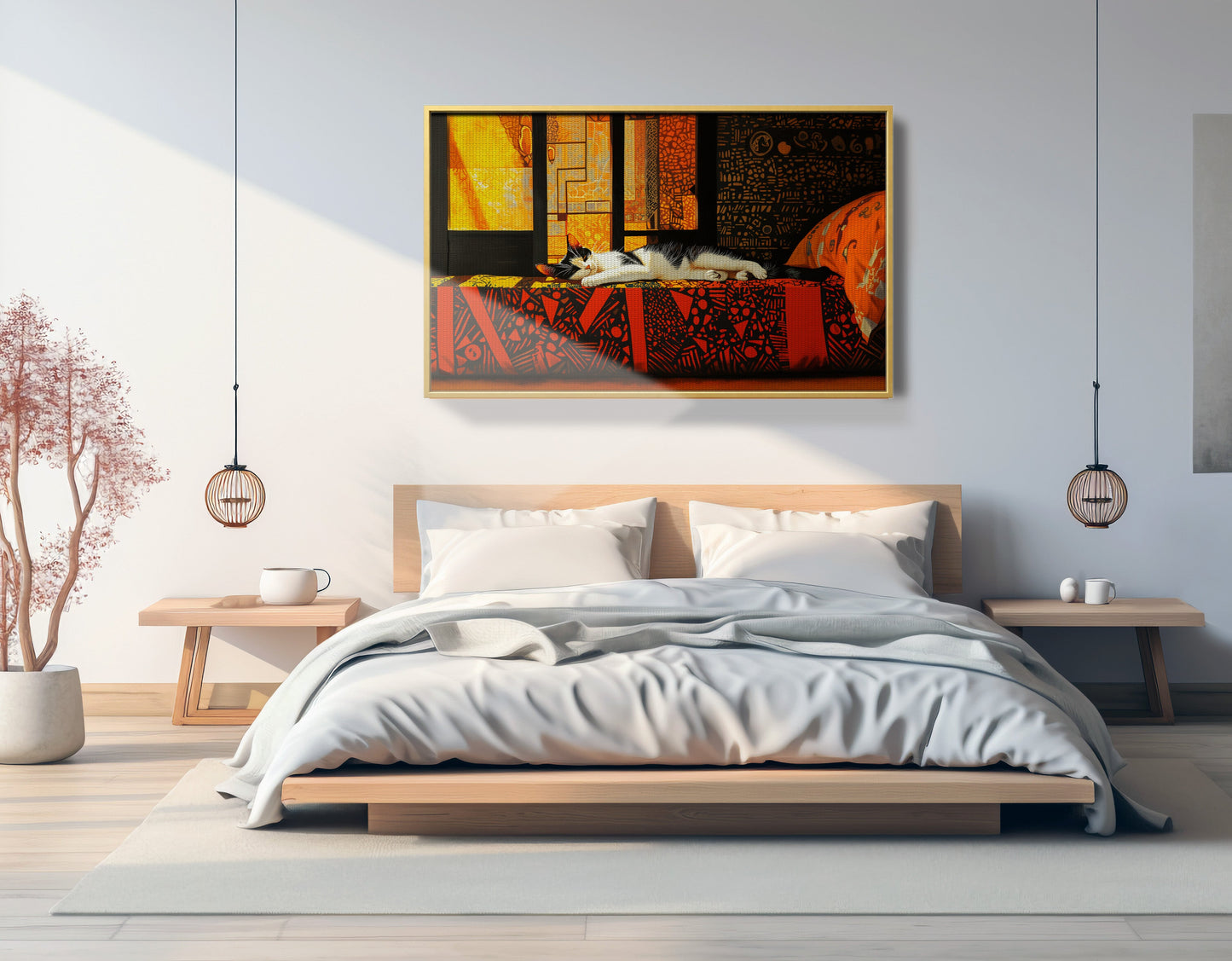 Sleeping White Cat Red Pattern African American canvas print view 39