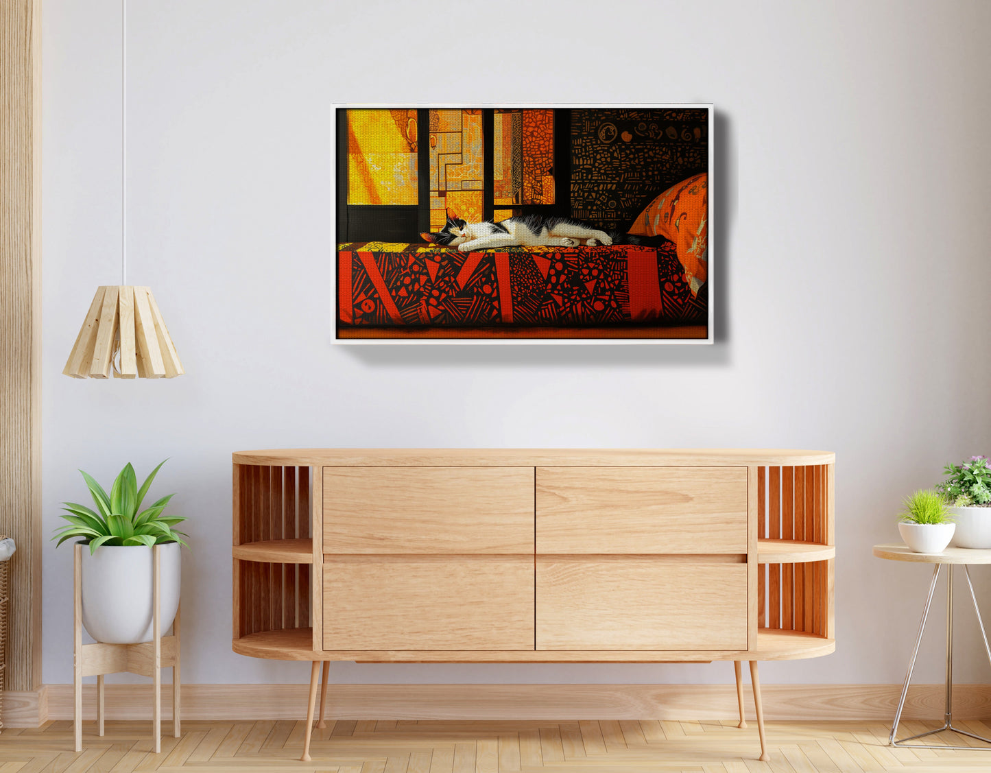Sleeping White Cat Red Pattern African American canvas print view 62