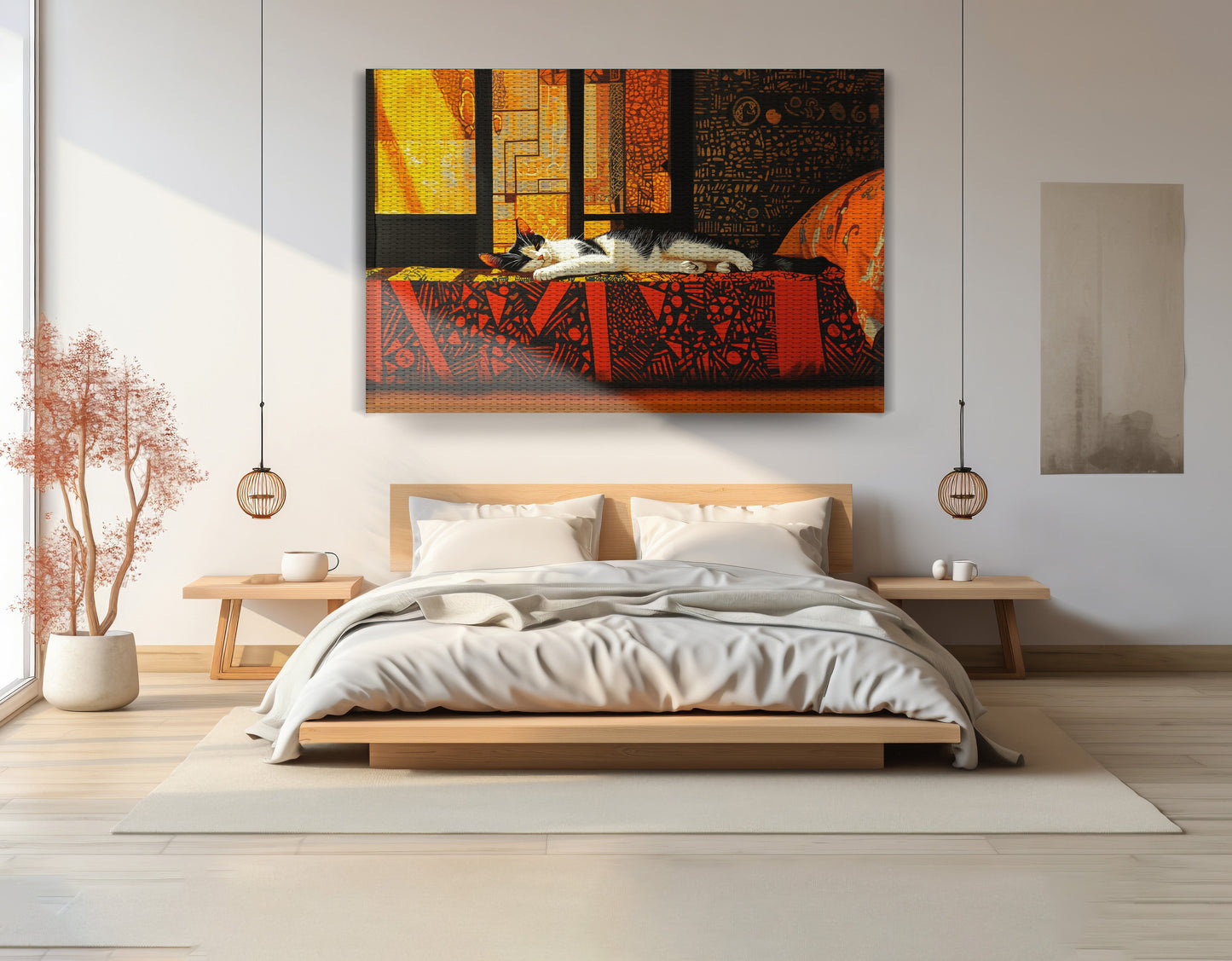 Sleeping White Cat Red Pattern African American canvas print view 15
