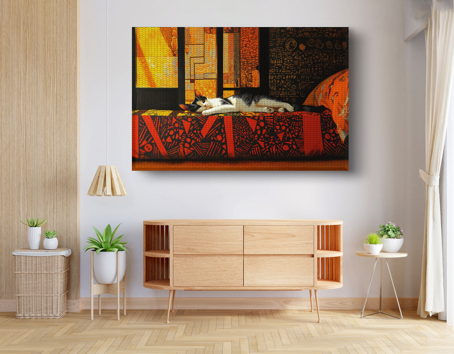 Sleeping White Cat Red Pattern African American canvas print view 14