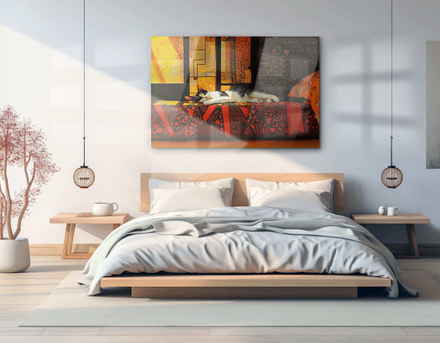Sleeping White Cat Red Pattern African American canvas print view 21