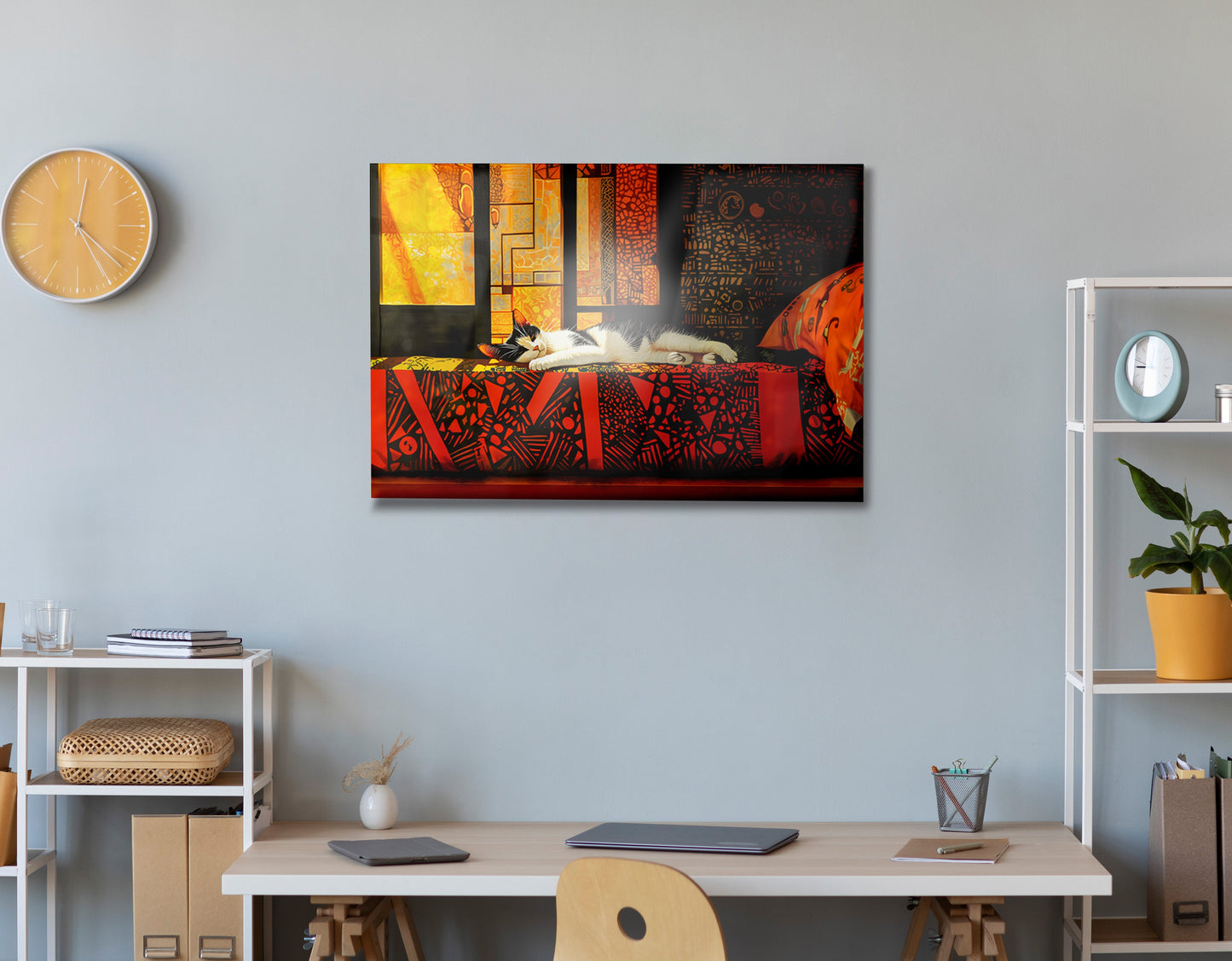 Sleeping White Cat Red Pattern African American canvas print view 24
