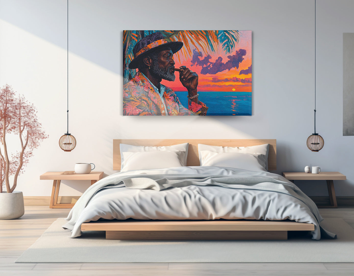 Black Man Sunset Portrait African American wall art displayed as bedroom wall decor