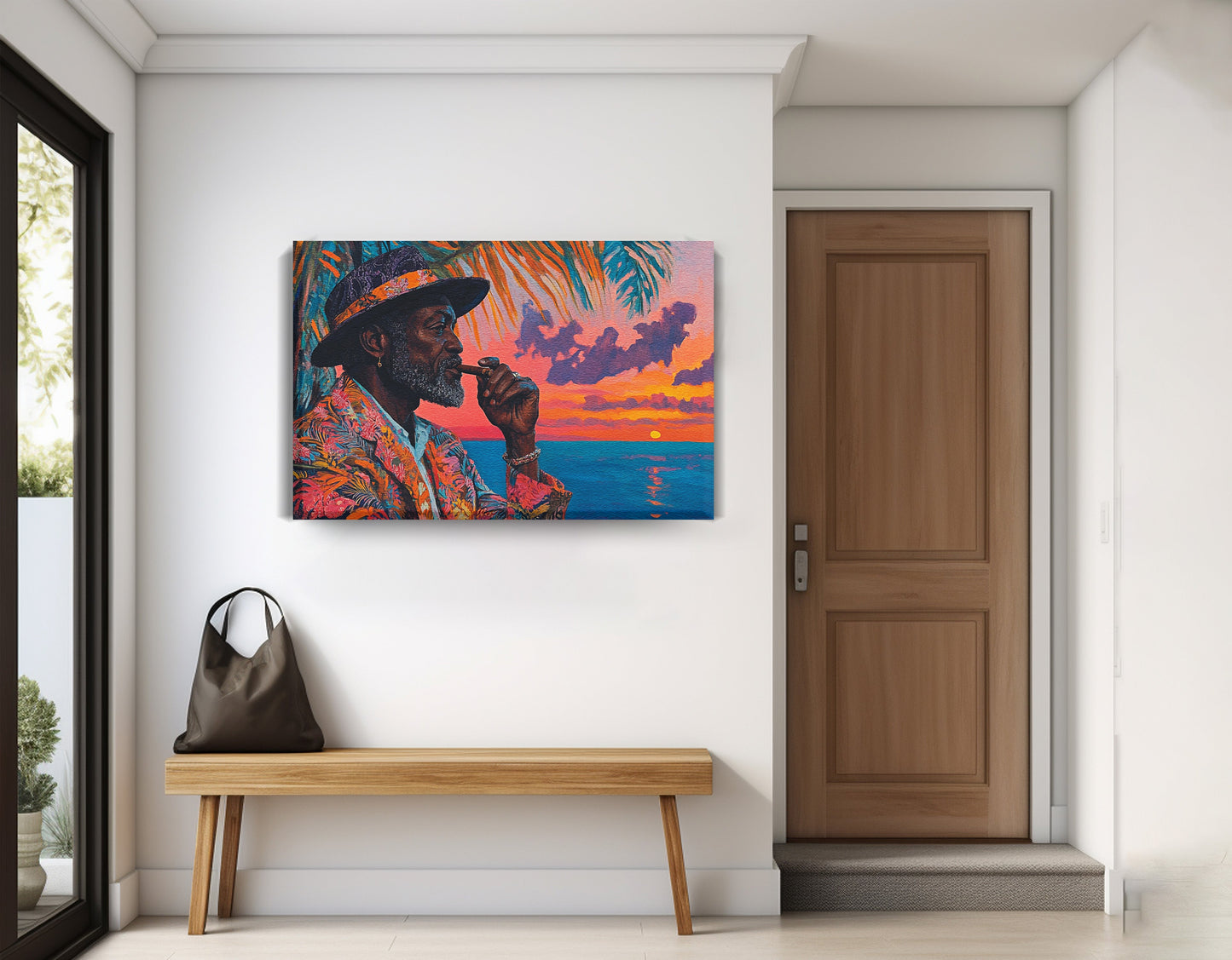 Black Man Sunset Portrait African American wall art displayed as entryway wall decor
