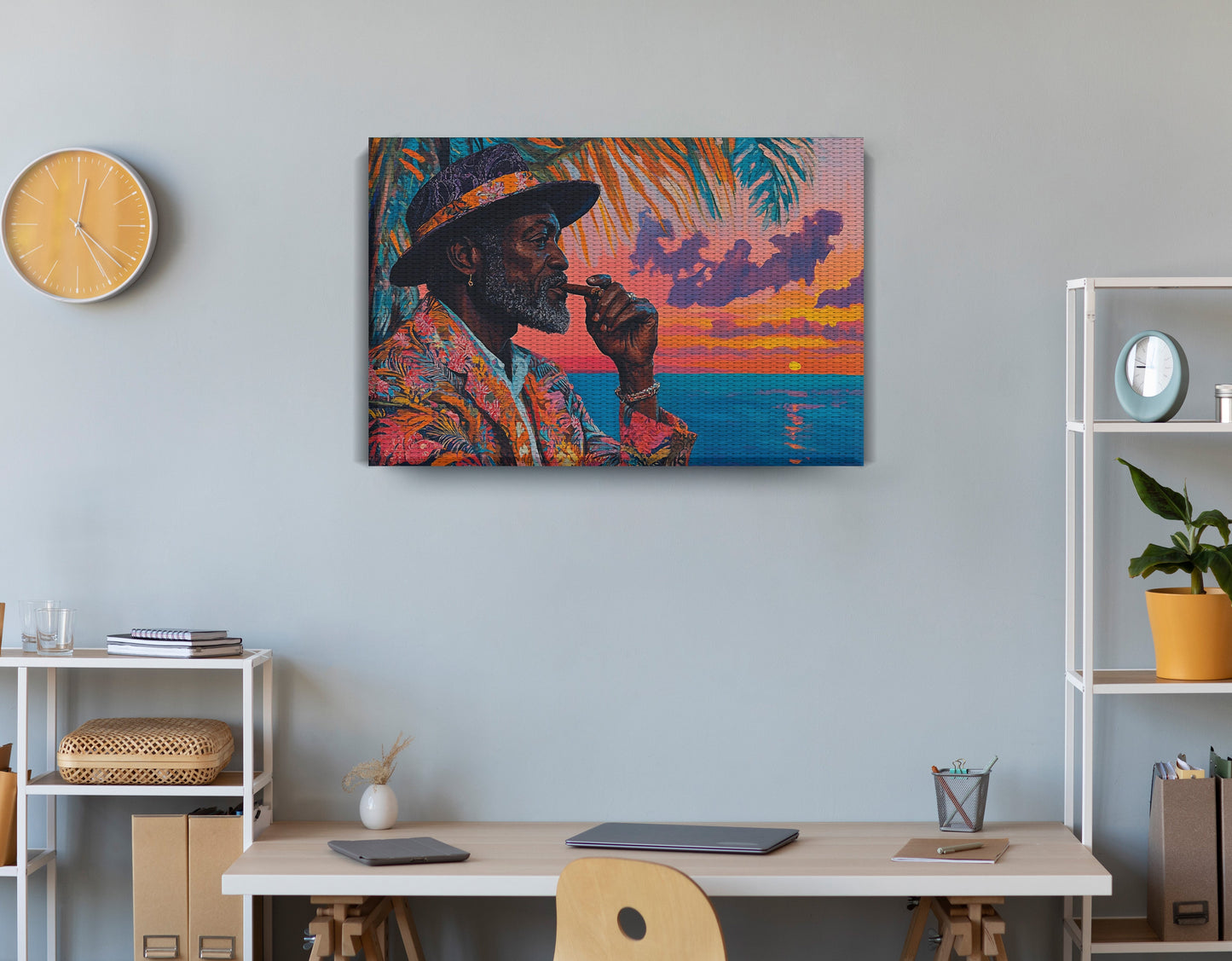 Black Man Sunset Portrait African American wall art displayed as office wall decor