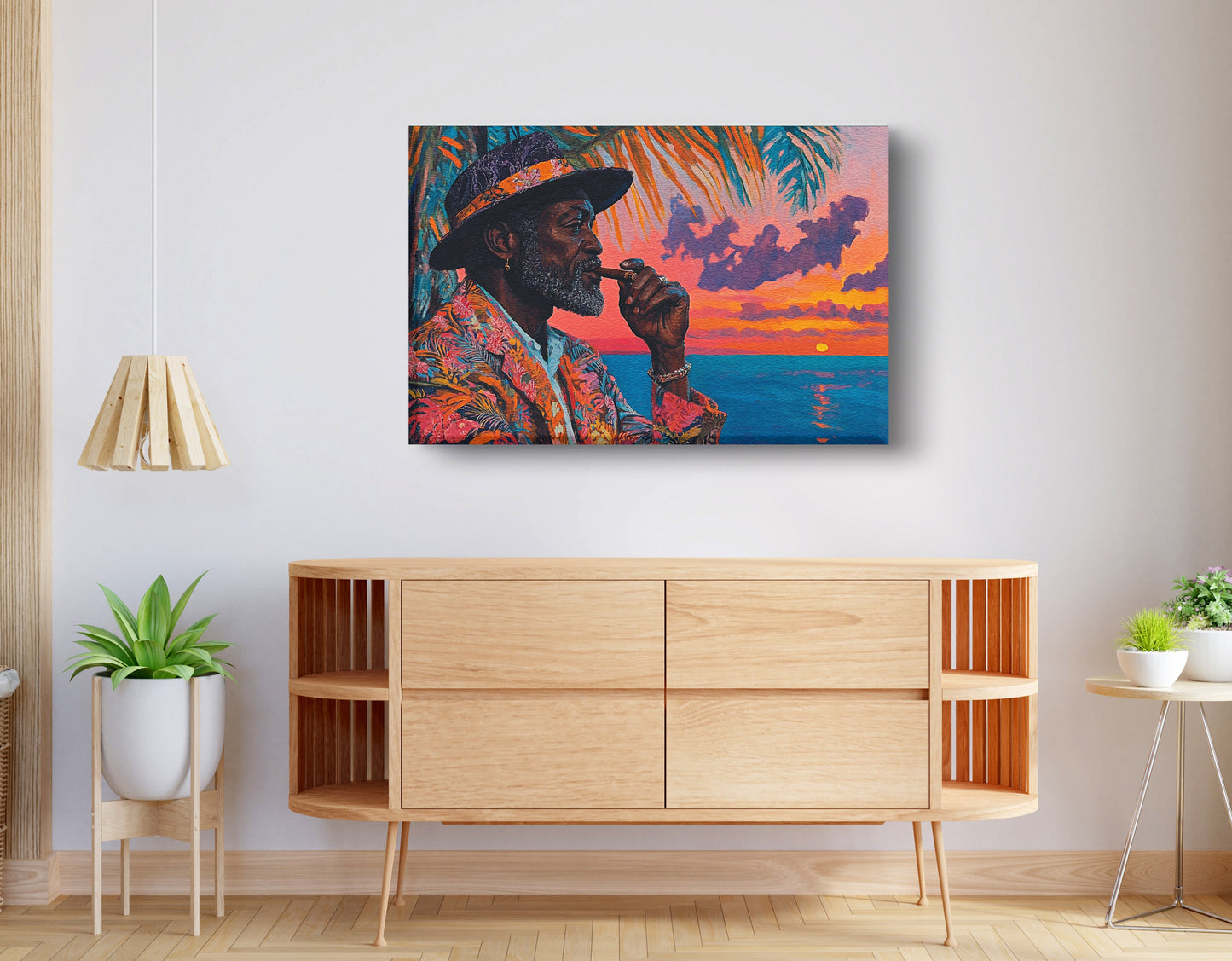 Black Man Sunset Portrait African American wall art displayed as living room wall decor