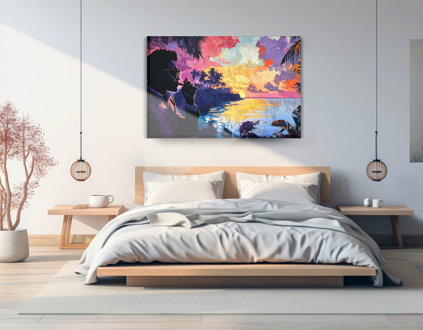 Black Man Tropical Sunset African American wall art displayed as bedroom wall decor