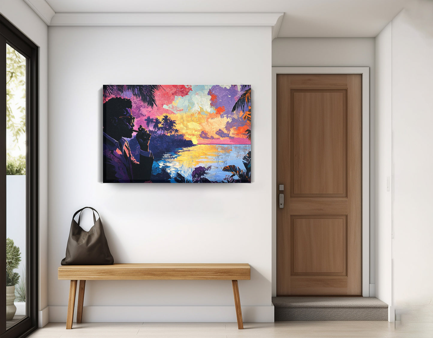 Black Man Tropical Sunset African American wall art displayed as entryway wall decor