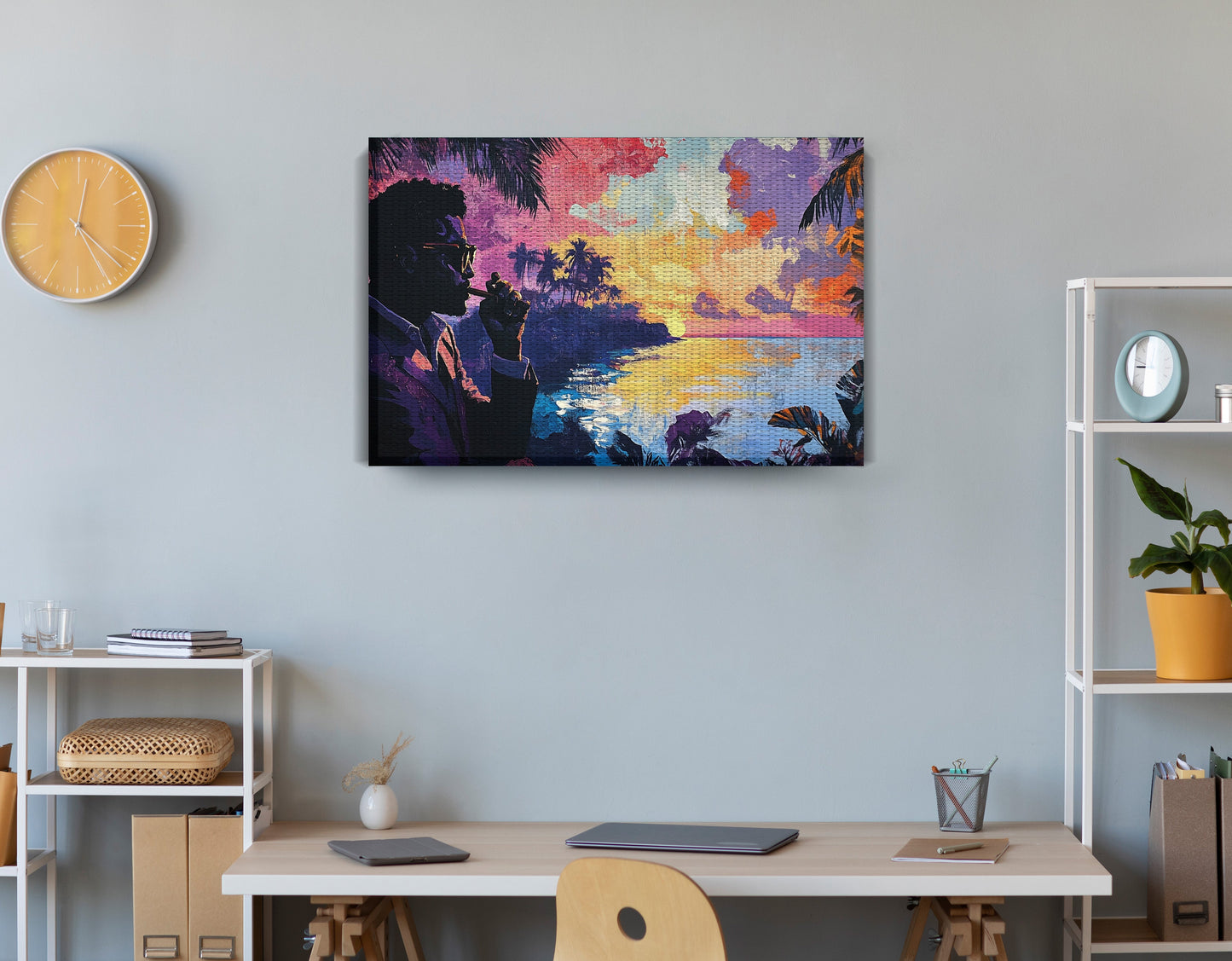 Black Man Tropical Sunset African American wall art displayed as office wall decor