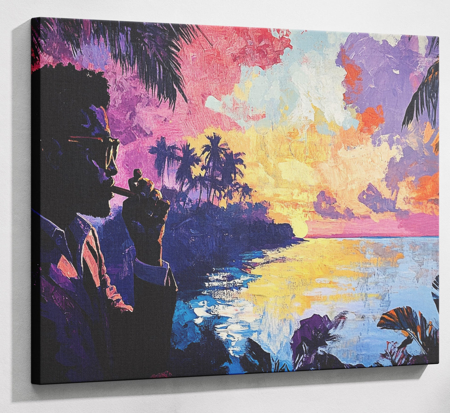 Black Man Tropical Sunset African American wall art canvas print with visible wall art format