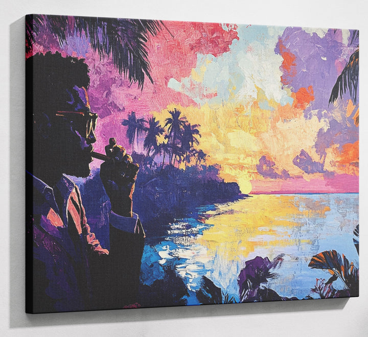 Black Man Tropical Sunset African American wall art canvas print with visible wall art format