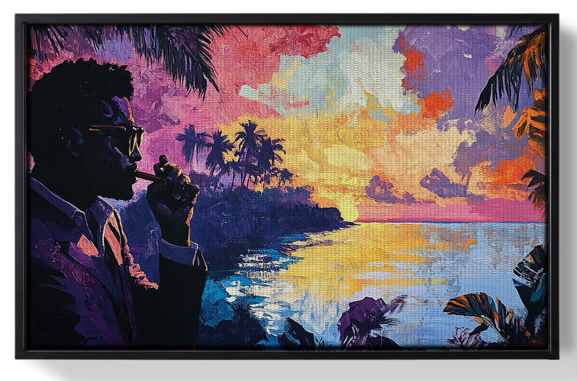 Framed Black Man Tropical Sunset African American wall art for home decor