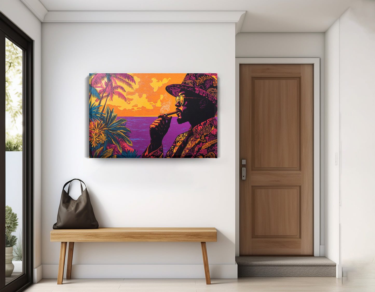 Black Man Tropical Portrait African American wall art displayed as entryway wall decor