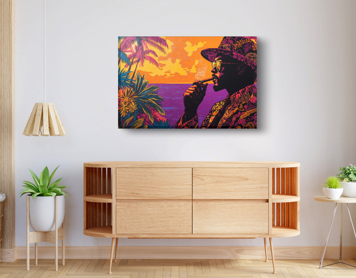 Black Man Tropical Portrait African American wall art displayed as living room wall decor