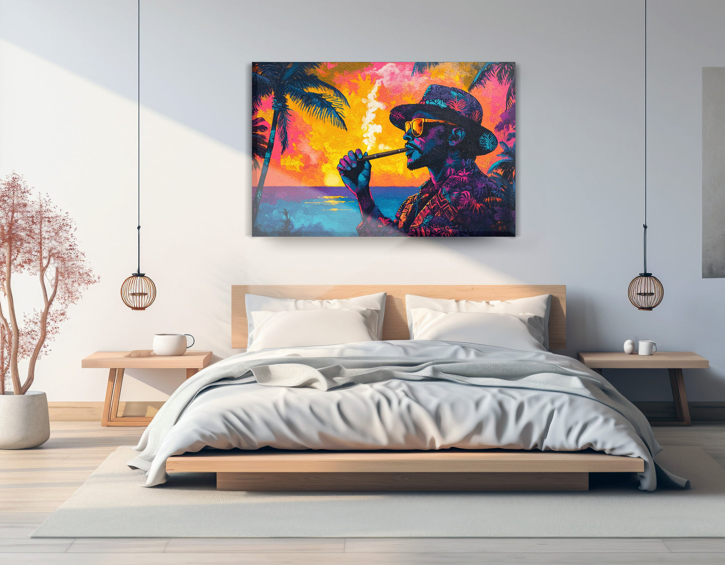 Black Man Ocean Sunset African American wall art displayed as bedroom wall decor