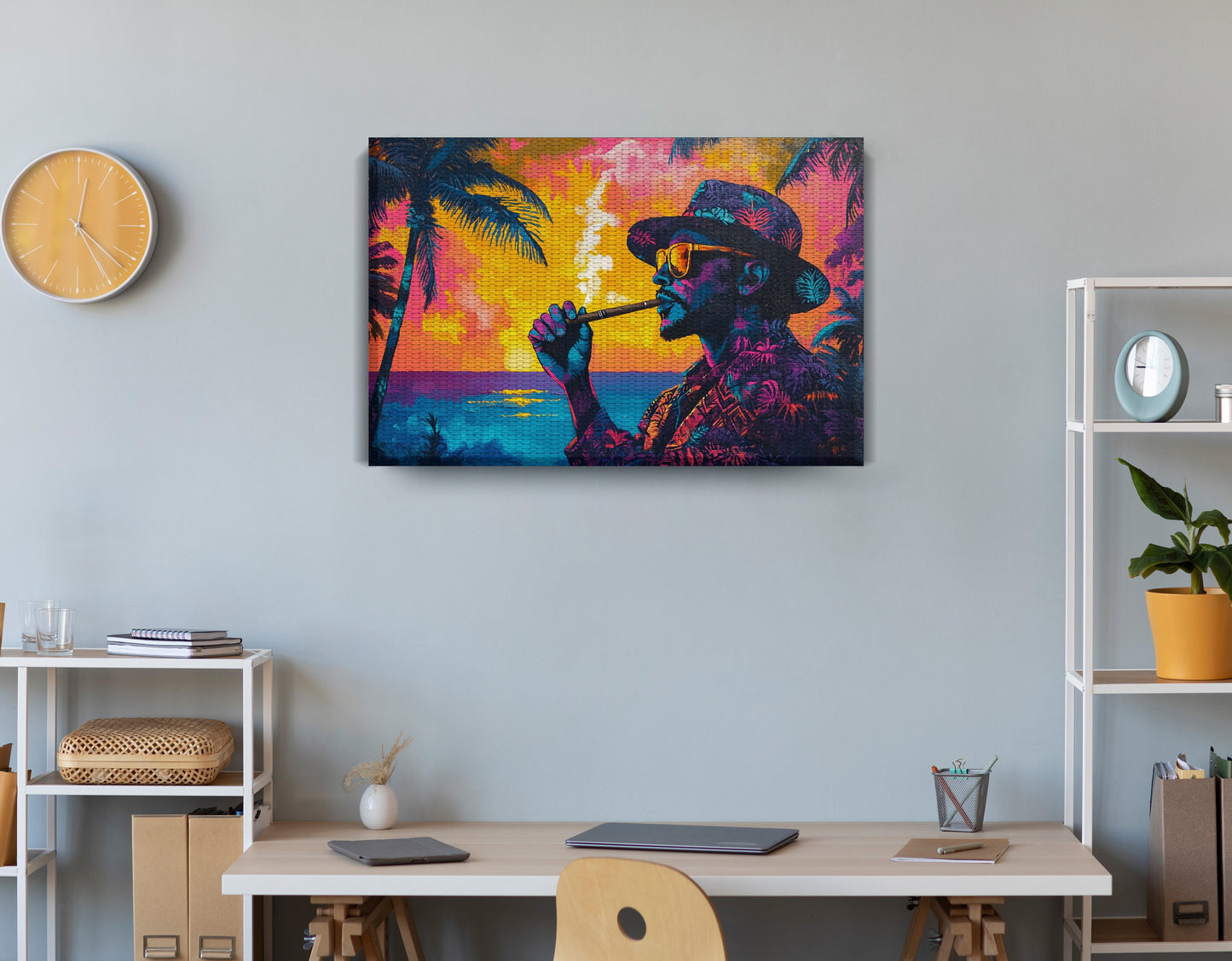 Black Man Ocean Sunset African American wall art displayed as office wall decor