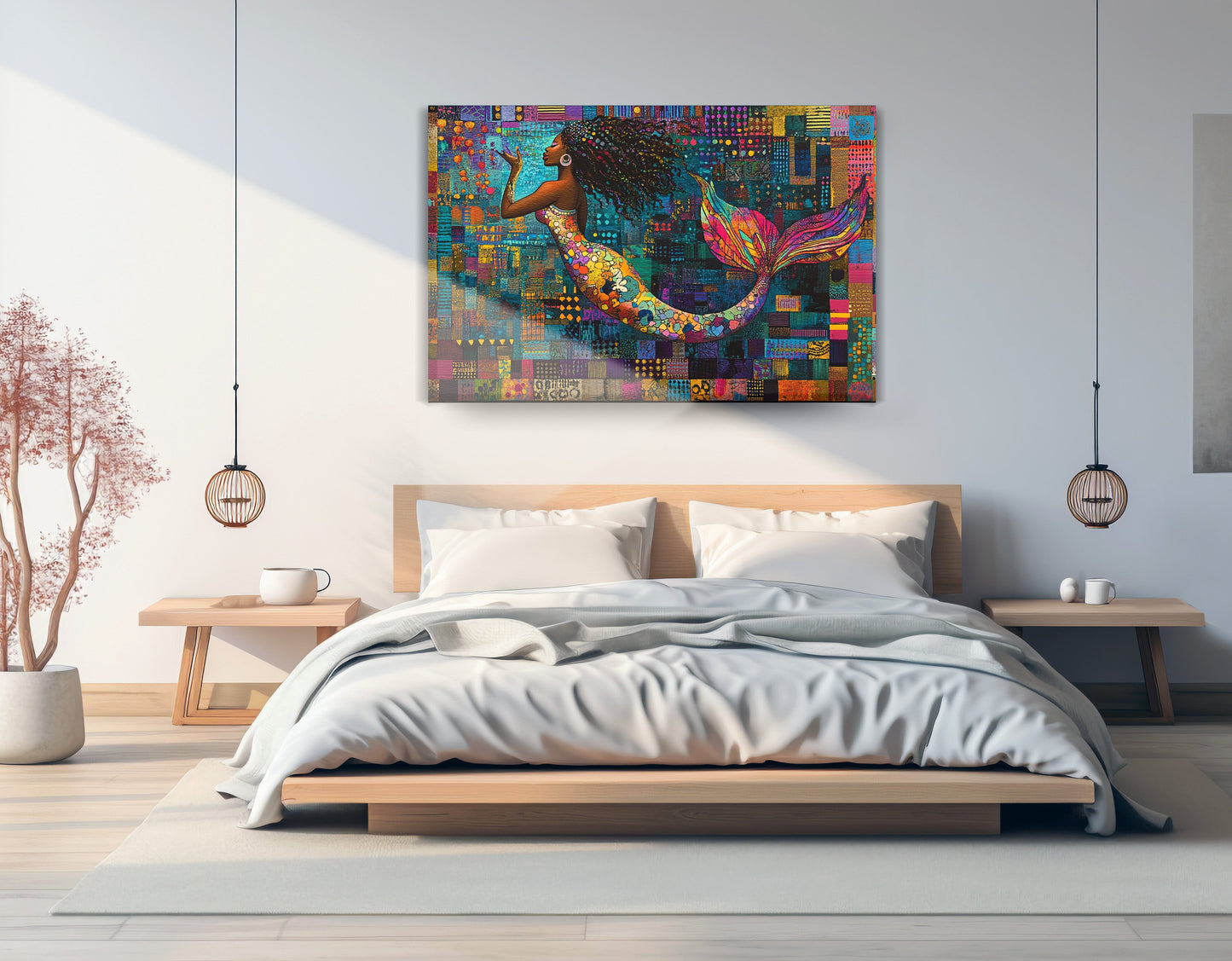 Black Mermaid Mosaic African American canvas print displayed as bedroom wall decor