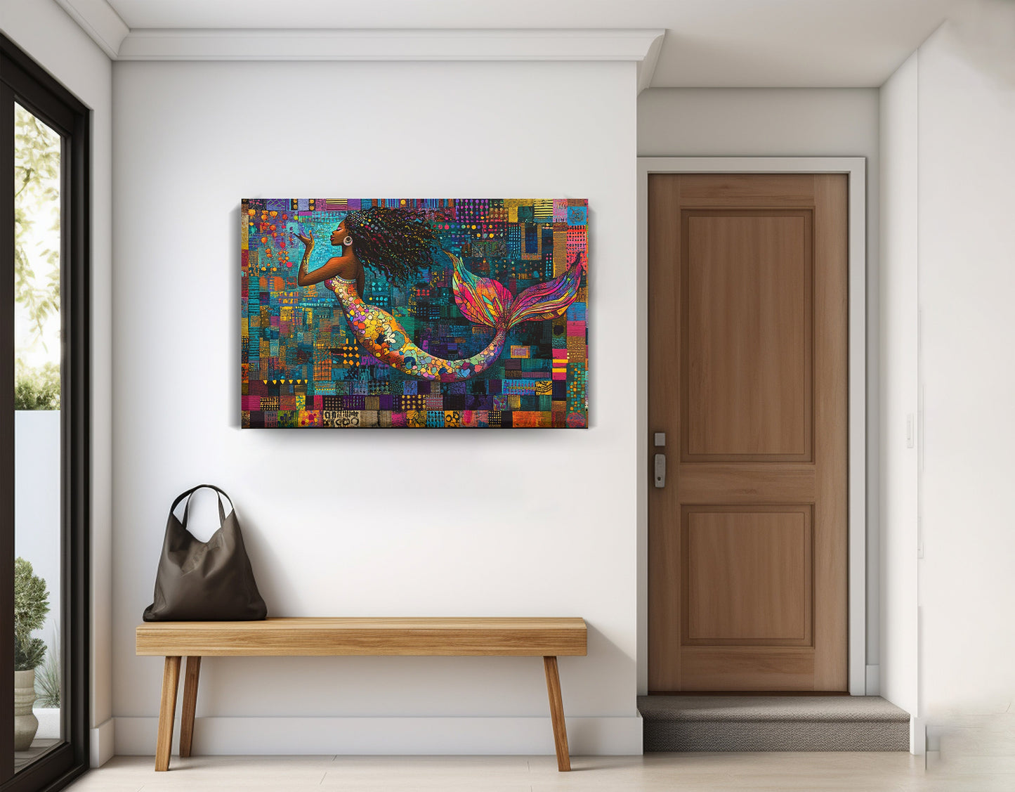 Black Mermaid Mosaic African American canvas print displayed as entryway wall decor