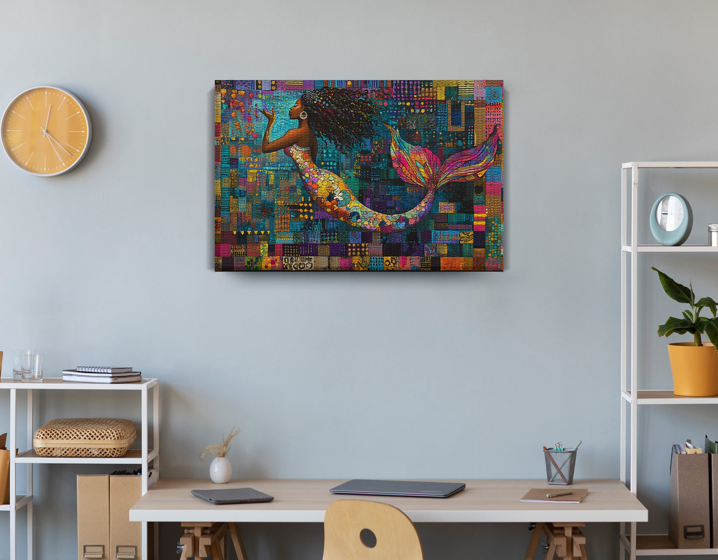 Black Mermaid Mosaic African American canvas print displayed as office wall decor