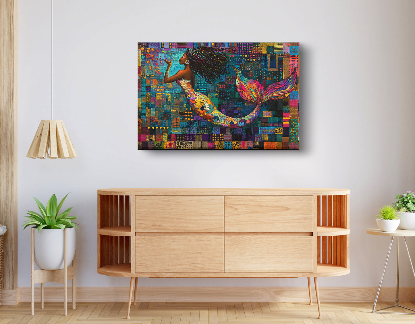 Black Mermaid Mosaic African American canvas print displayed as living room wall decor