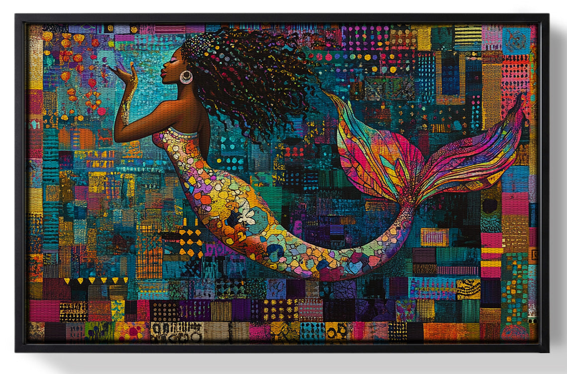 Framed Black Mermaid Mosaic African American canvas print for home decor