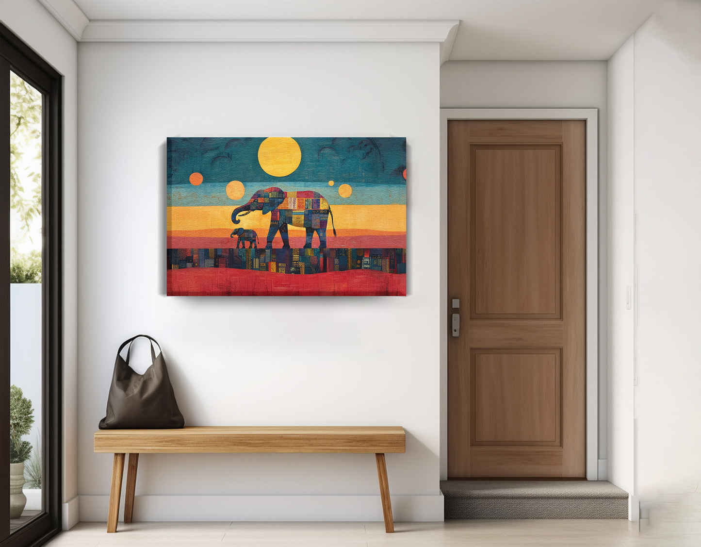 Elephant and Calf Abstract Black African American abstract art displayed as entryway wall decor