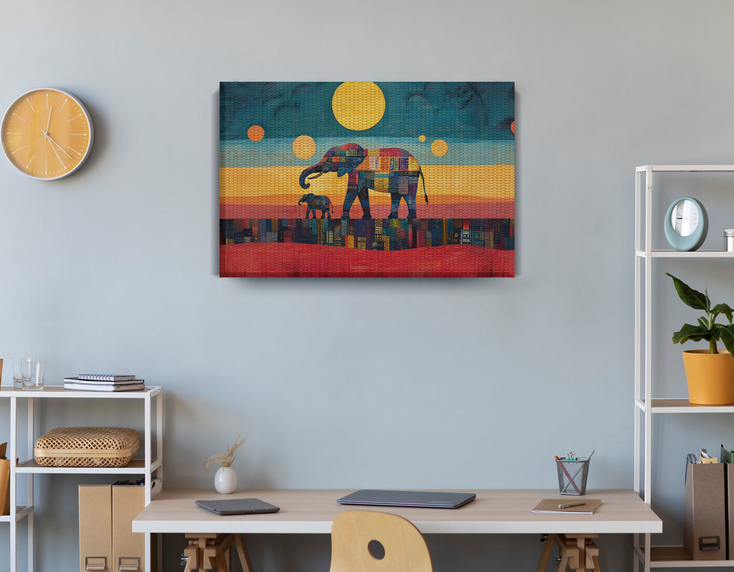 Elephant and Calf Abstract Black African American abstract art displayed as office wall decor