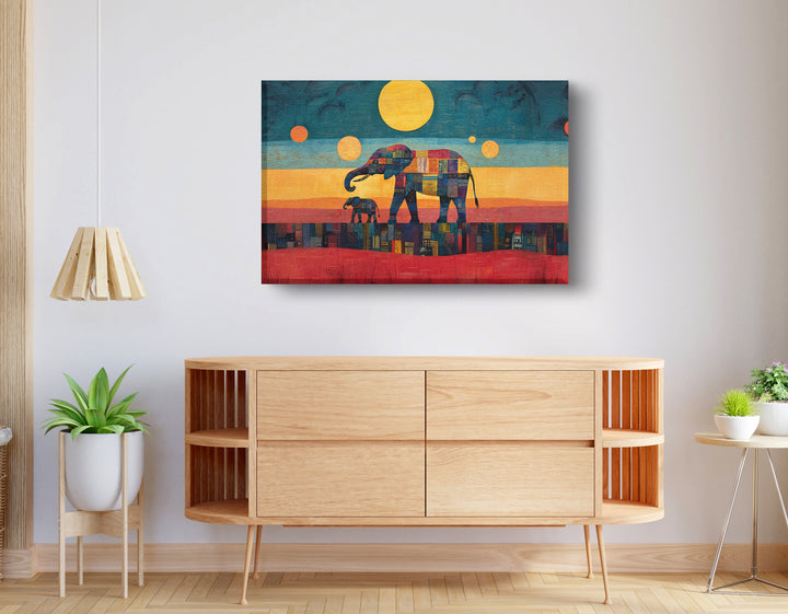 Elephant and Calf Abstract Black Wall Art