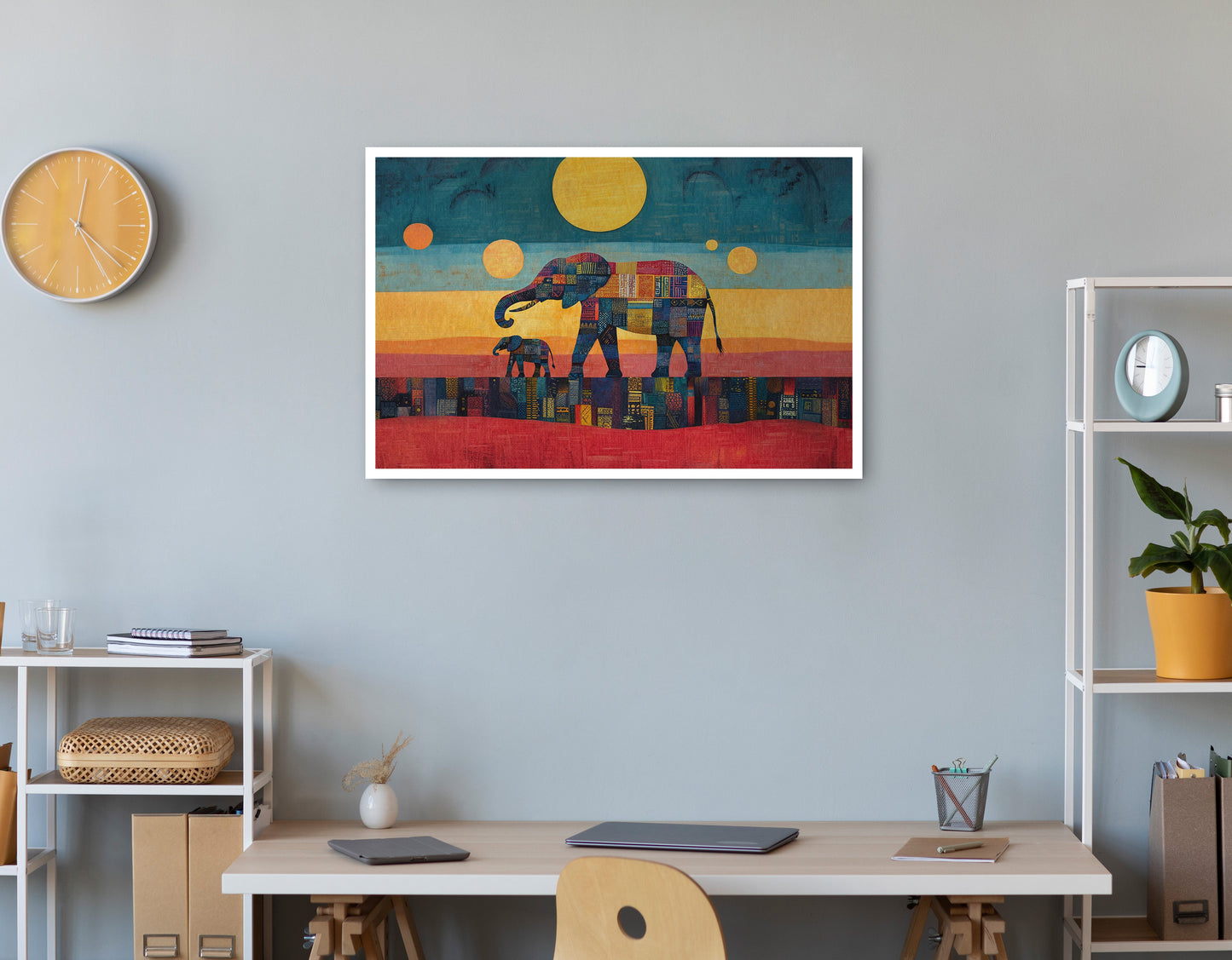 Elephant and Calf Abstract Black African American abstract art print view