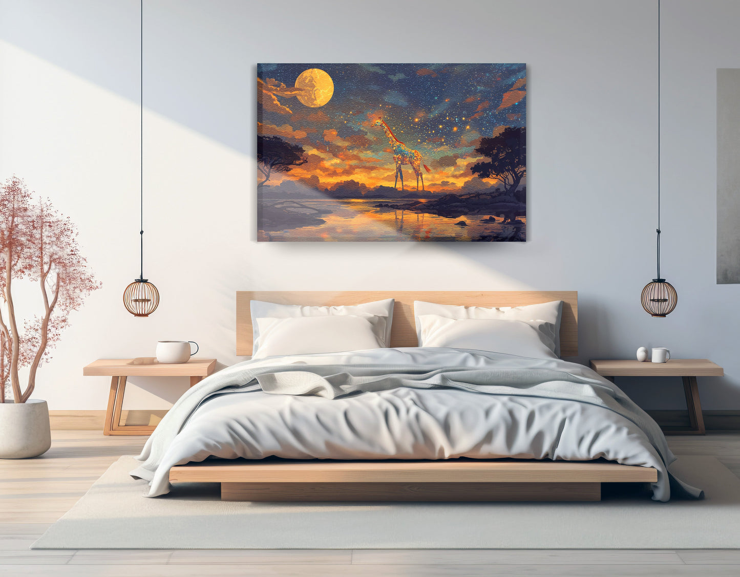Giraffe Moon Lake African American canvas print displayed as bedroom wall decor