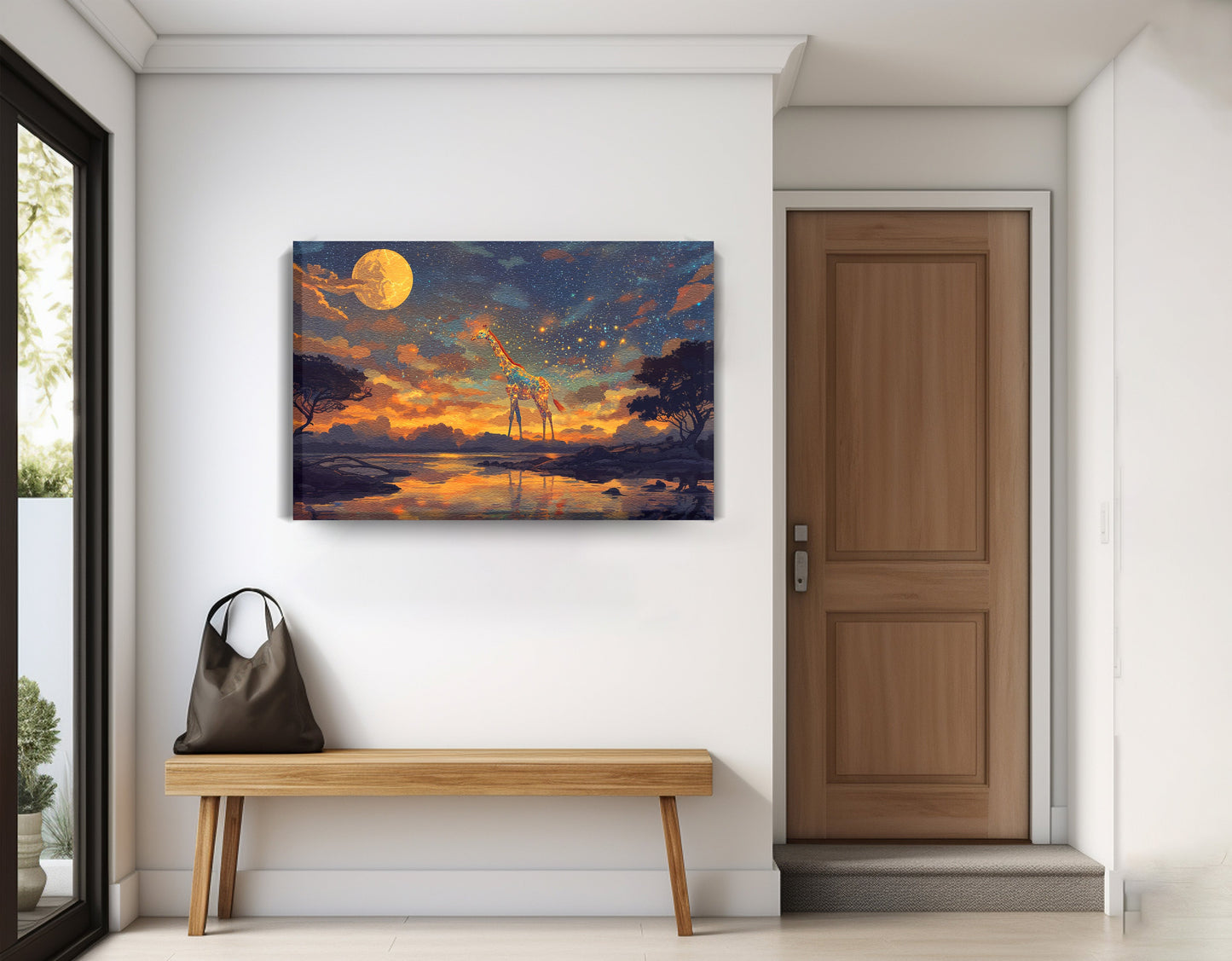 Giraffe Moon Lake African American canvas print displayed as entryway wall decor
