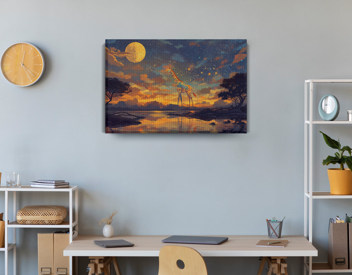 Giraffe Moon Lake African American canvas print displayed as office wall decor