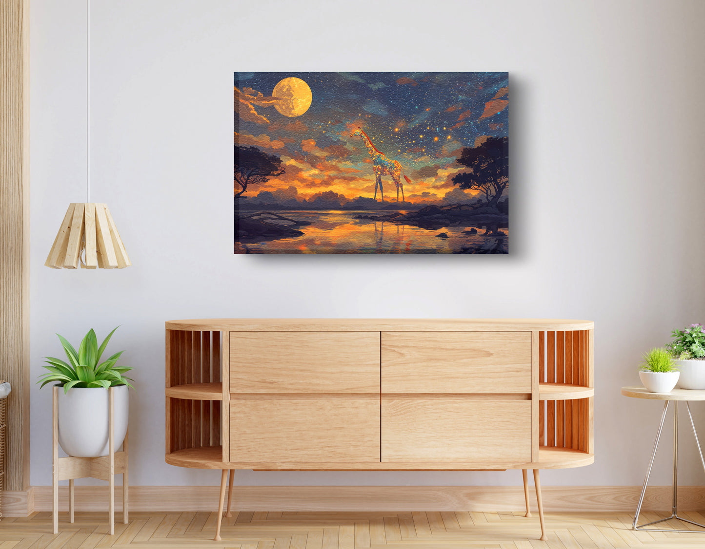 Giraffe Moon Lake African American canvas print displayed as living room wall decor