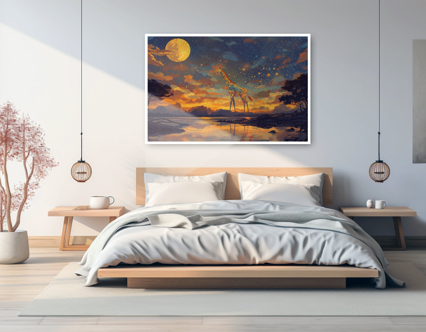 Giraffe Moon Lake African American canvas print artwork view