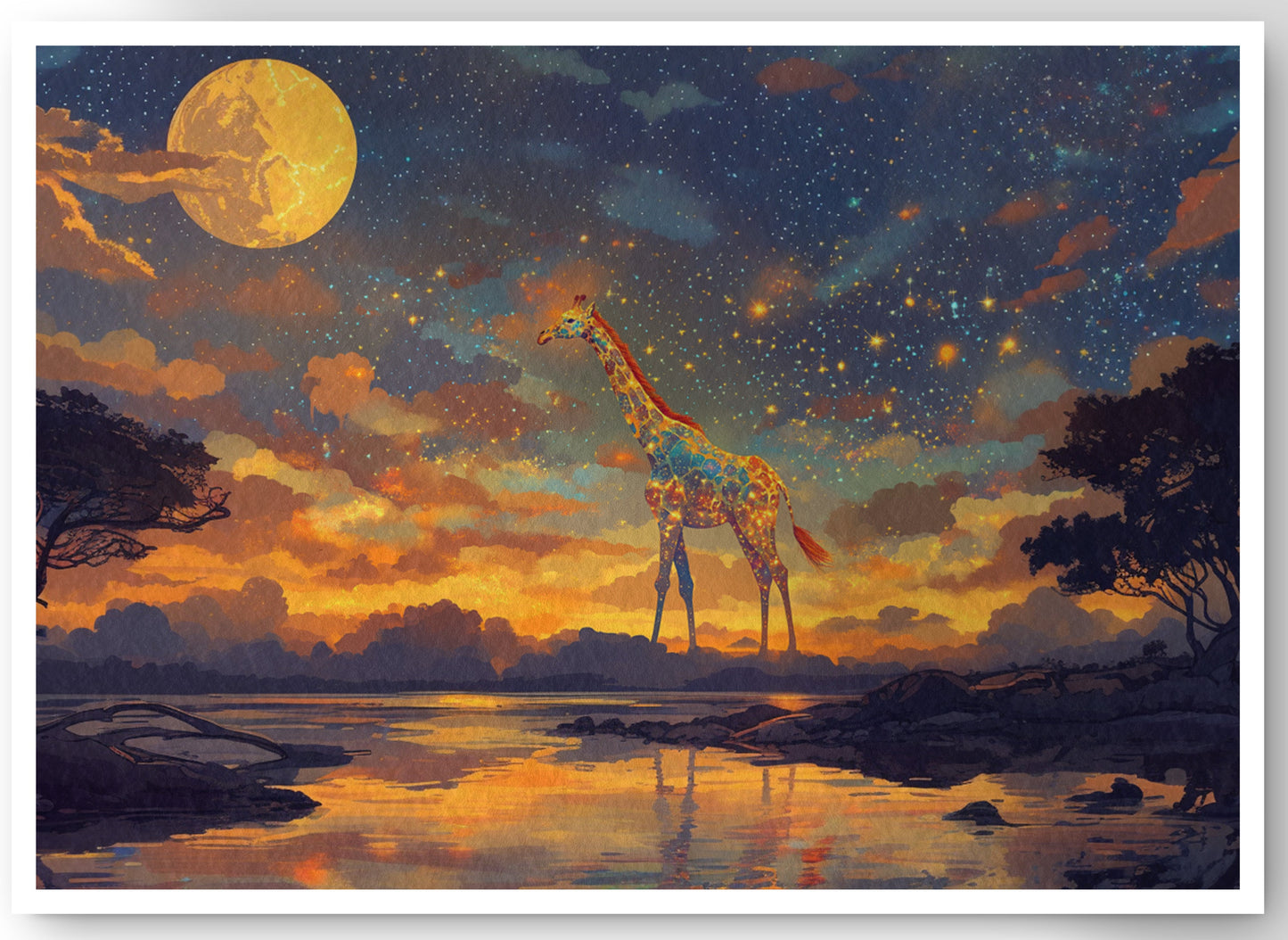 Giraffe Moon Lake African American canvas print by MoomZee Artwork