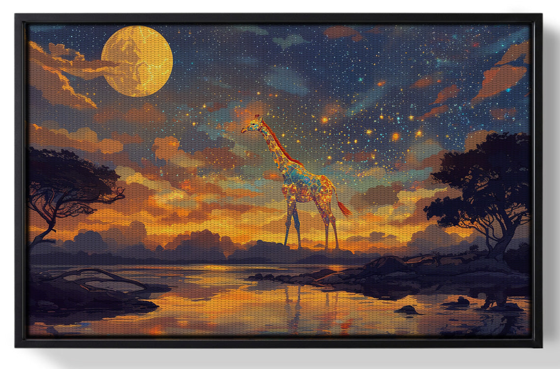 Framed Giraffe Moon Lake African American canvas print for home decor