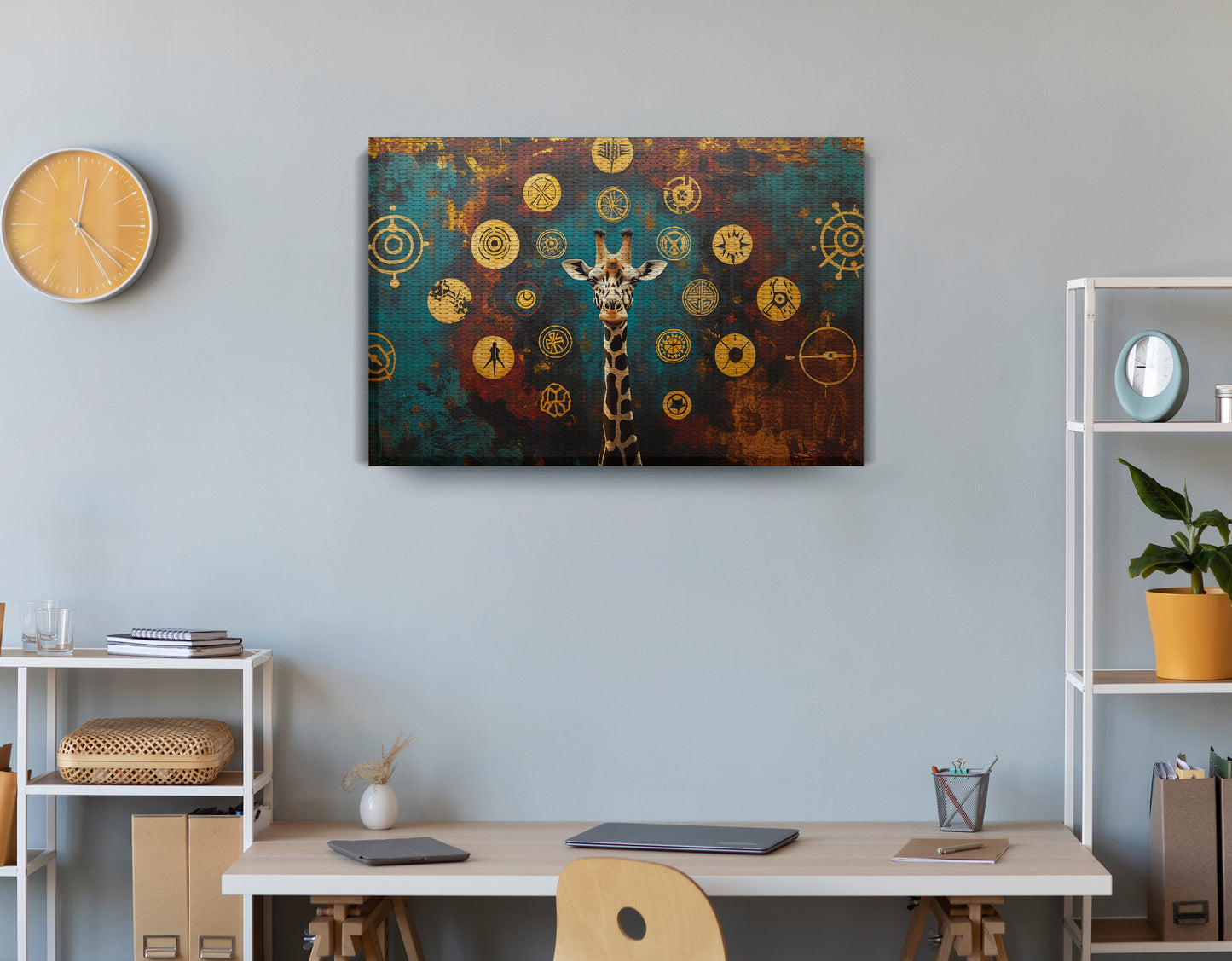 Giraffe Symbol Pattern Black African American canvas print displayed as office wall decor