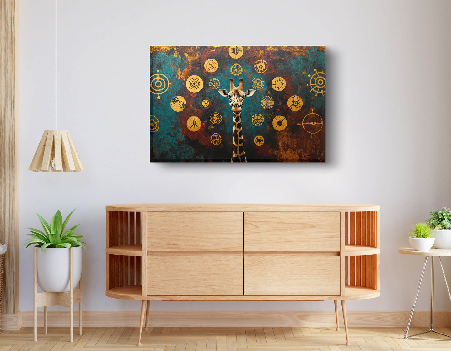 Giraffe Symbol Pattern Black African American canvas print displayed as living room wall decor