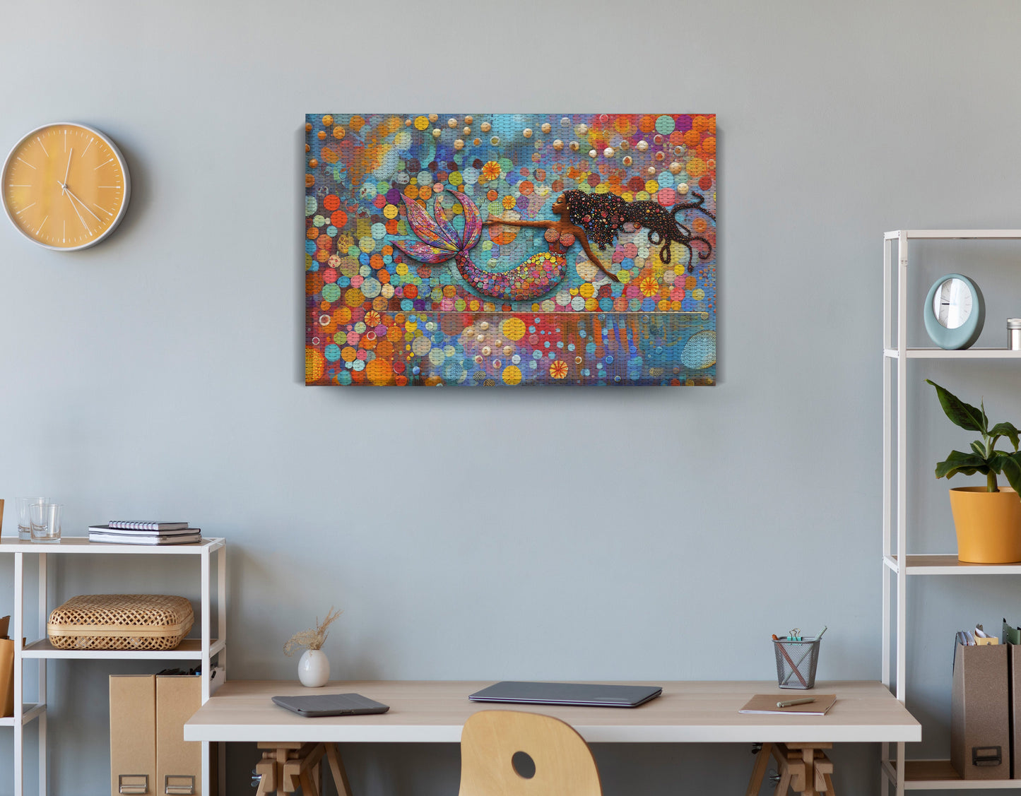 Black Mermaid Bubbles African American canvas print displayed as office wall decor