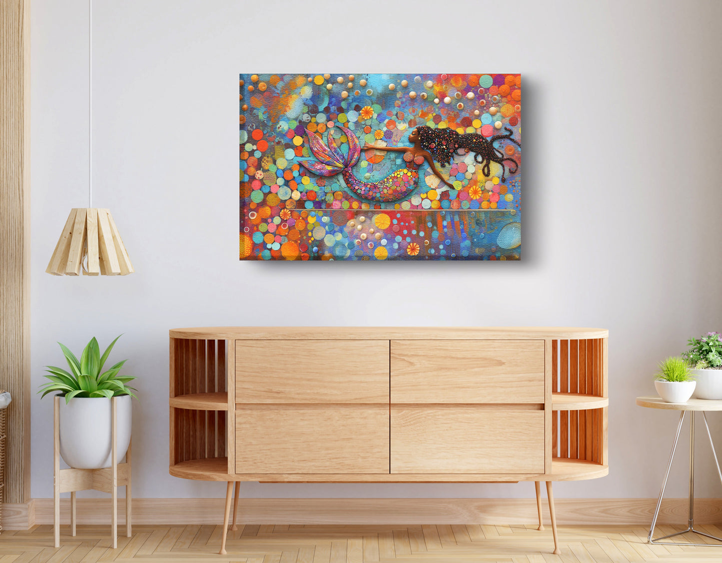 Black Mermaid Bubbles African American canvas print displayed as living room wall decor