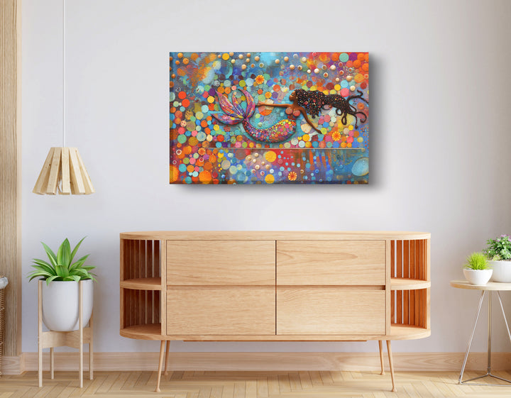 Black Mermaid Bubbles Wall Art Print