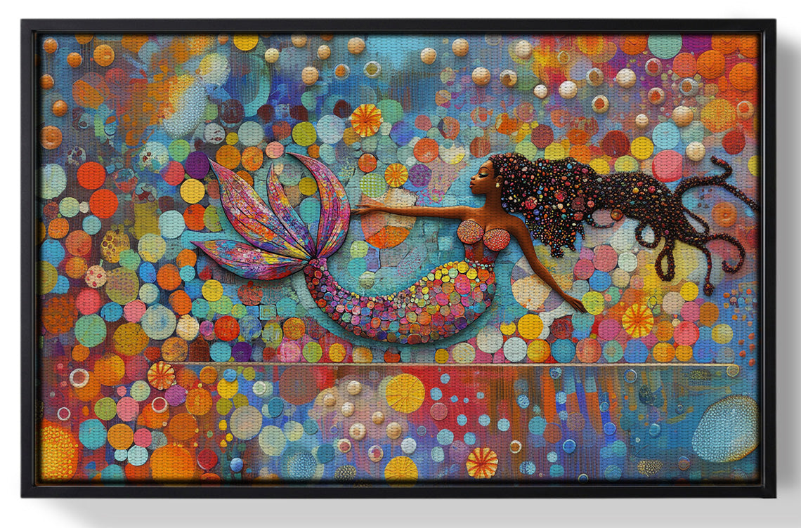 Framed Black Mermaid Bubbles African American canvas print for home decor