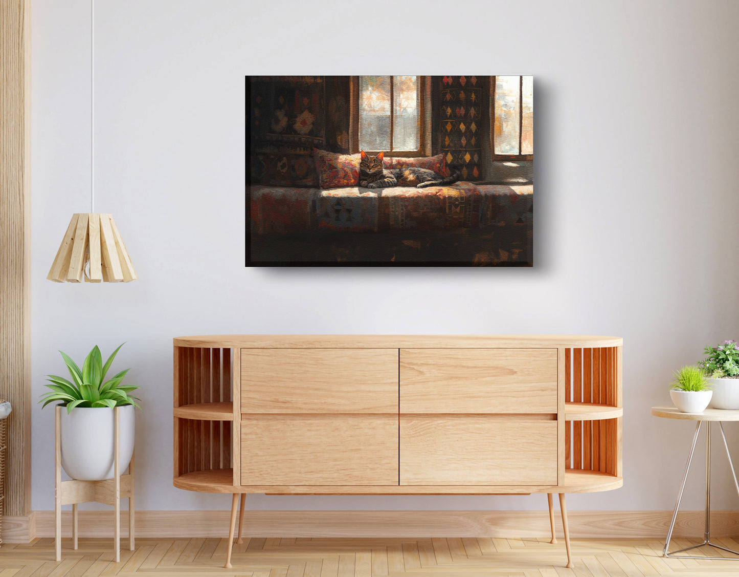 Cozy Cat Sofa African American canvas print displayed as living room wall decor