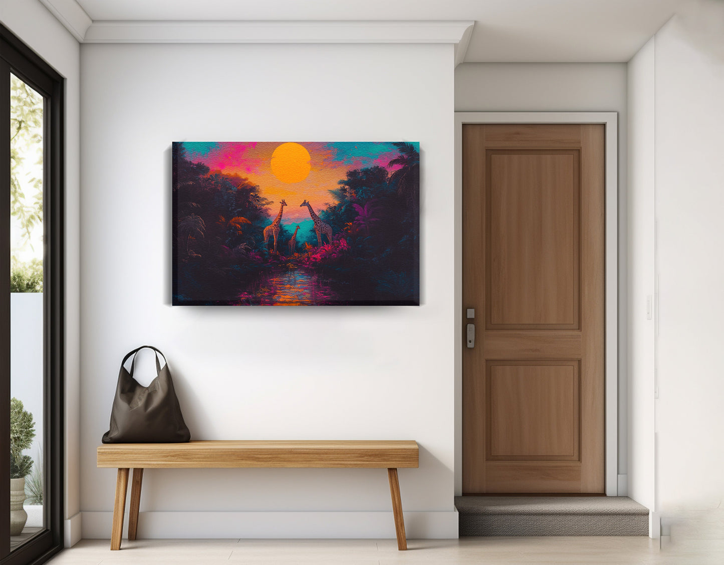 Neon Giraffe Jungle Black Black culture wall art displayed as entryway wall decor