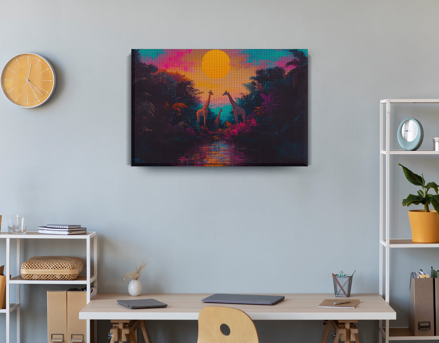 Neon Giraffe Jungle Black Black culture wall art displayed as office wall decor