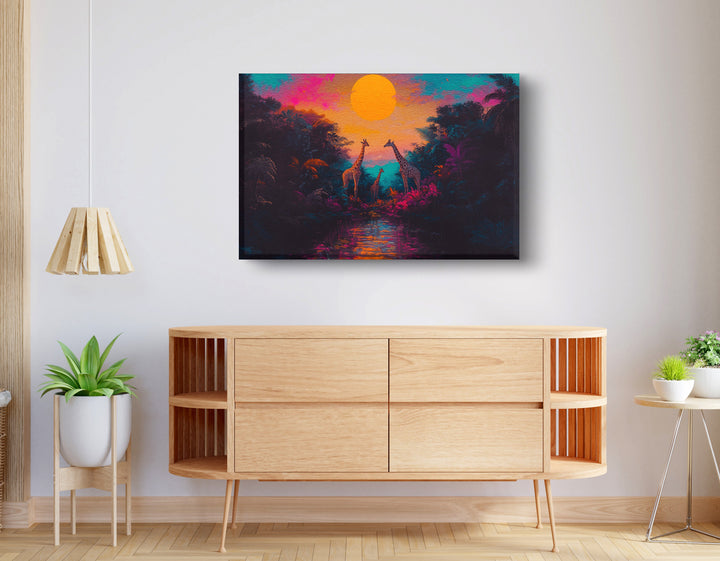 Neon Giraffe Jungle Black Wall Art
