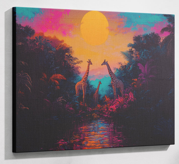 Neon Giraffe Jungle Black Black culture wall art canvas print with visible wall art format
